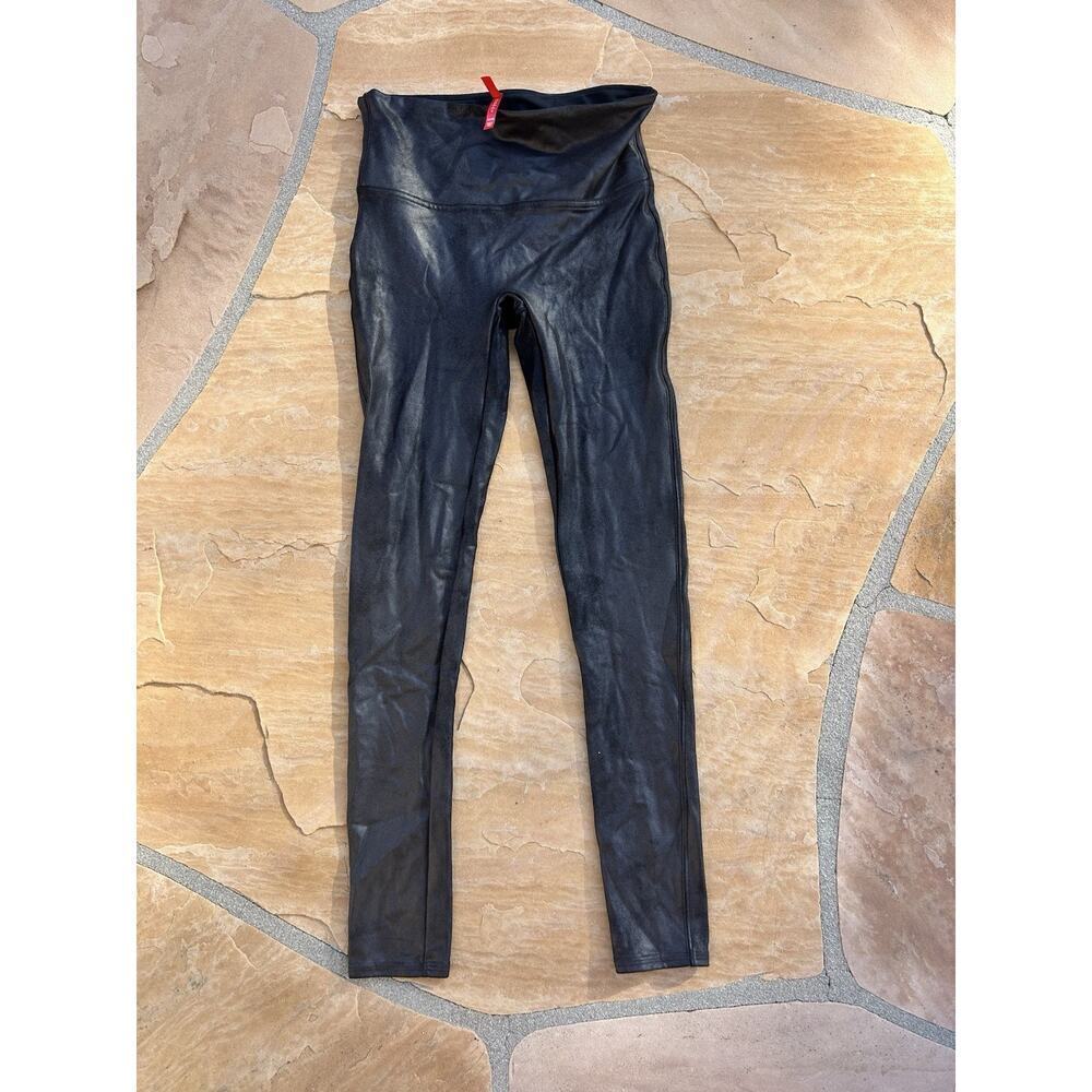 Spanx Faux Leather Black Space Gray Shiny Leggings Size M